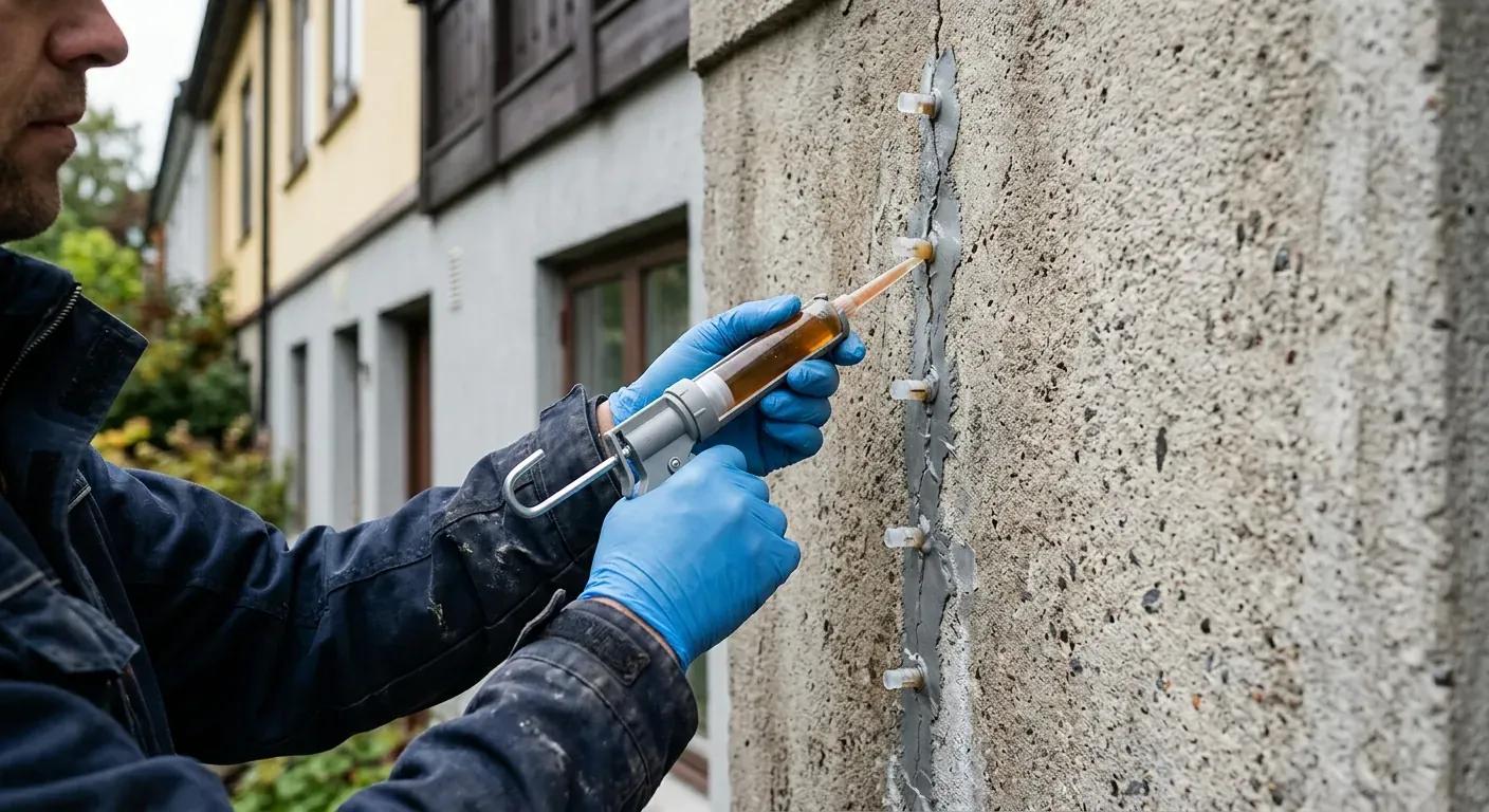 En profesjonell murer som injiserer epoksylim inn i en klargjort sprekk i en betongvegg ved bruk av tette injeksjonsporter