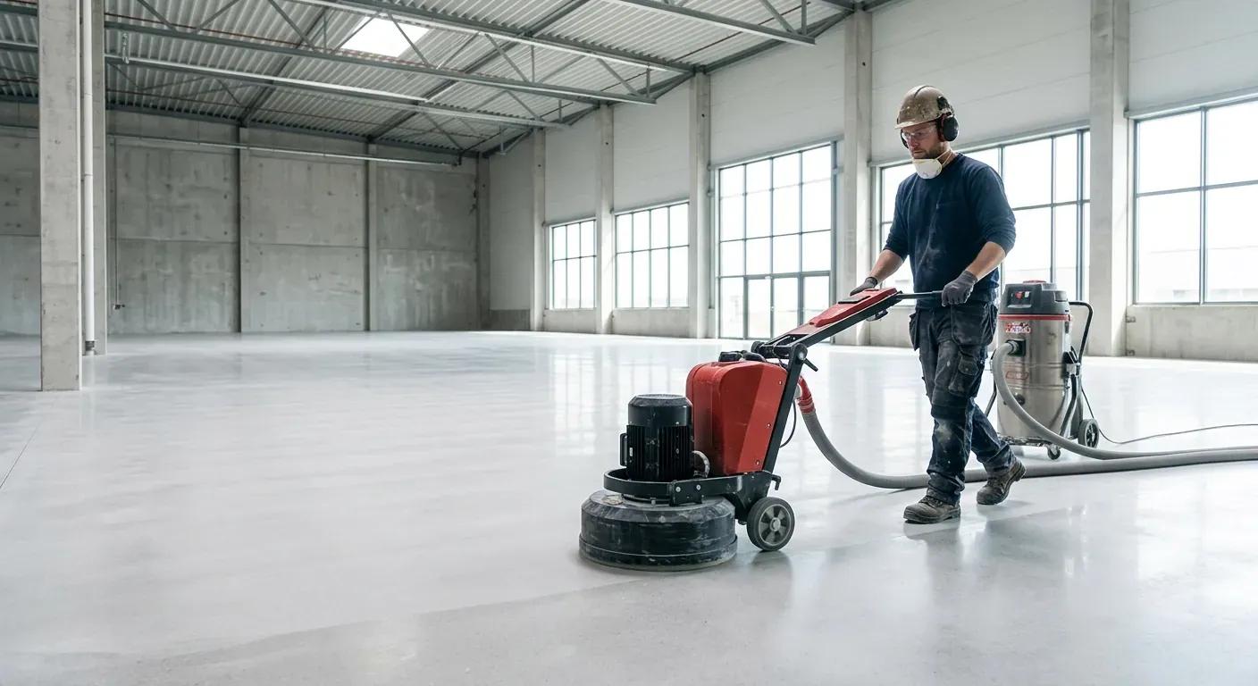 En profesjonell håndverker som fører en tung, planetarisk betongslipemaskin over et stort, industrielt betonggulv i et lyst lagerlokale