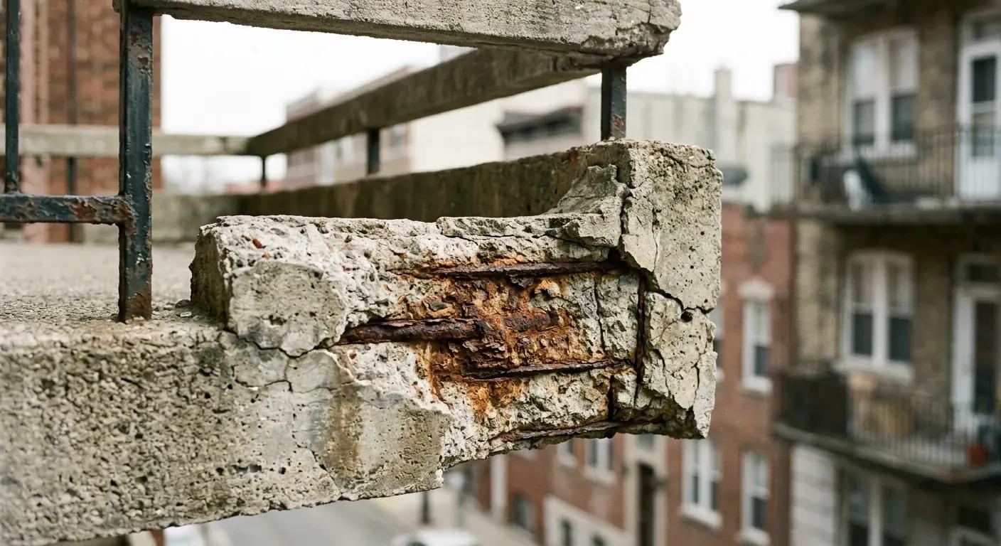 Nærbilde av en eldre balkongkant i betong, der biter av betongen har skallet av og blottlagt et sterkt rustet armeringsjern