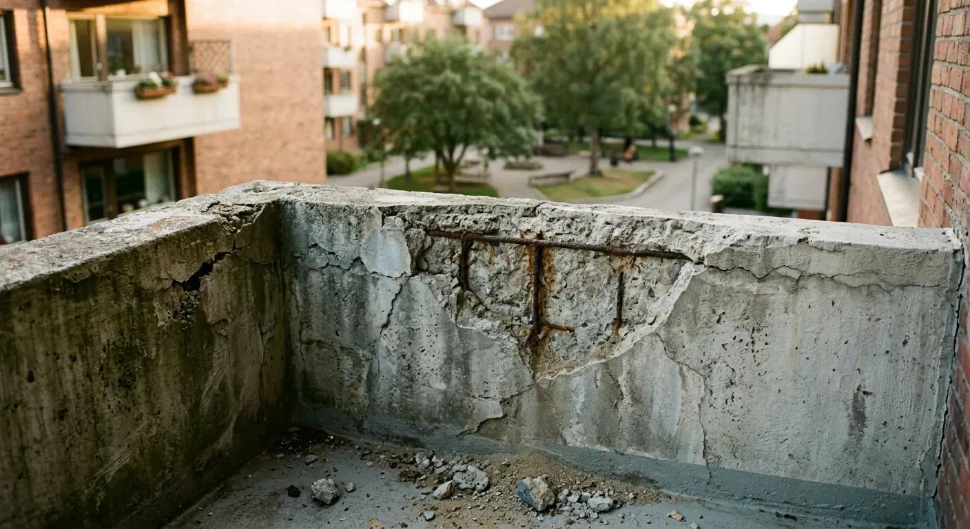 Close-up photo showing a damaged concrete balcony edge with visible cracks, rusted iron rebar exposed to the air, and small chunks of concrete crumbling away