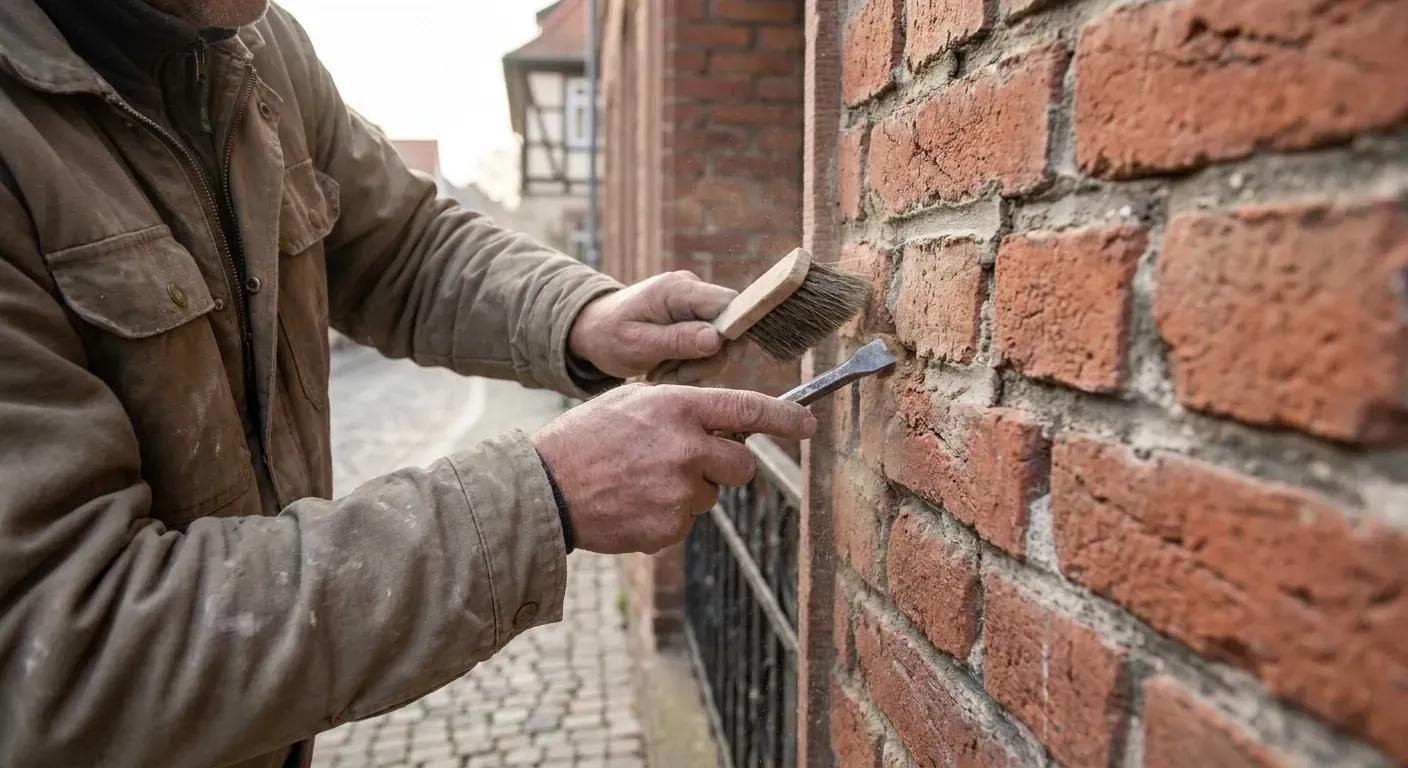 A craftsman carefully removing loose mortar from an old brick wall in a historic city street
