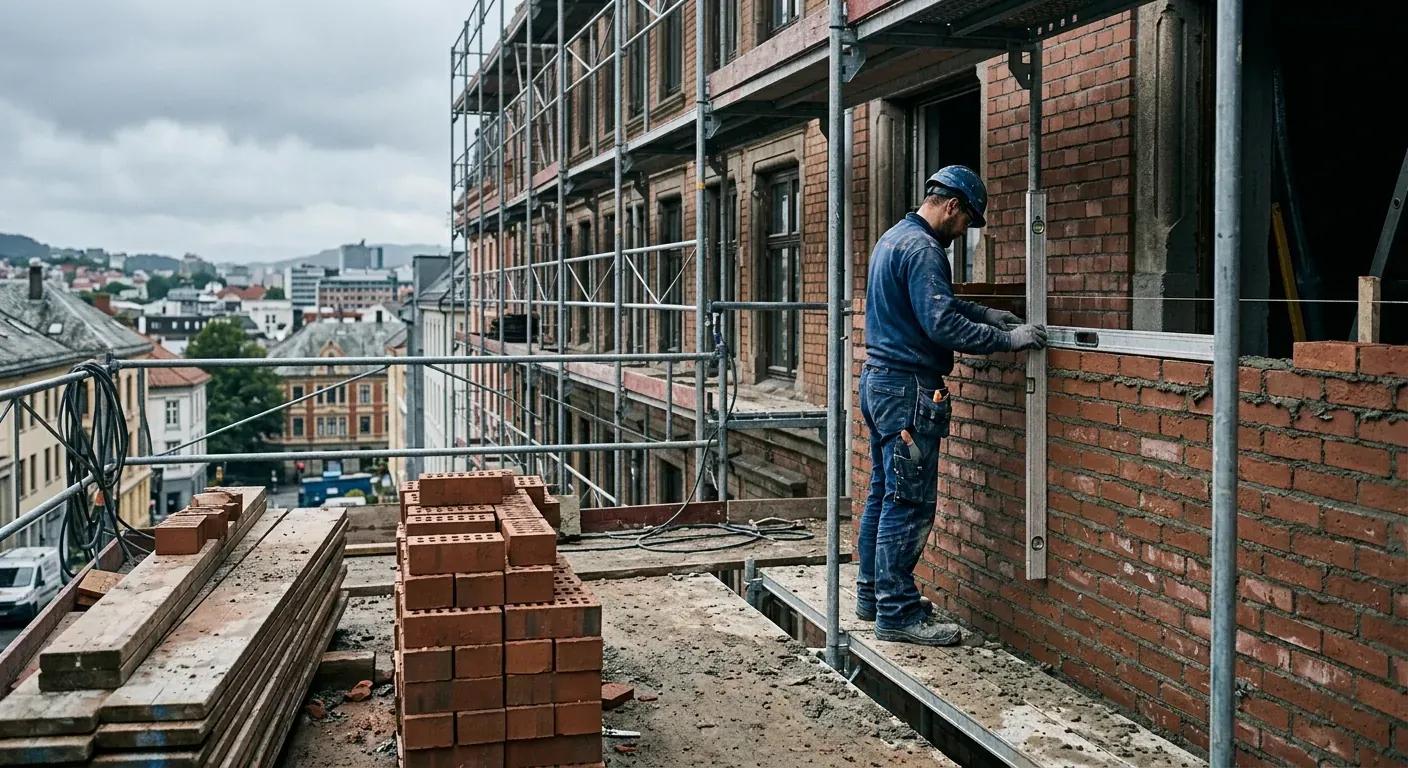 Nærbilde av en murer fra AP Byggeservice AS som nennsomt sjekker loddlinjen på en nymurt teglvegg med et vater