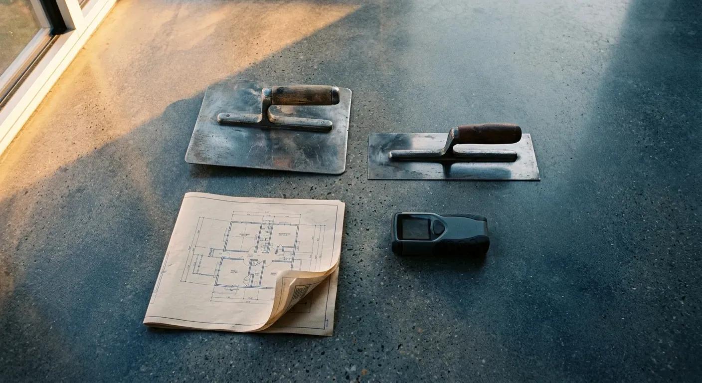 Et moderne, åpent oppholdsrom med et perfekt glattpolert betonggulv som reflekterer dagslyset fra store vindusflater mot en minimalistisk innredning.