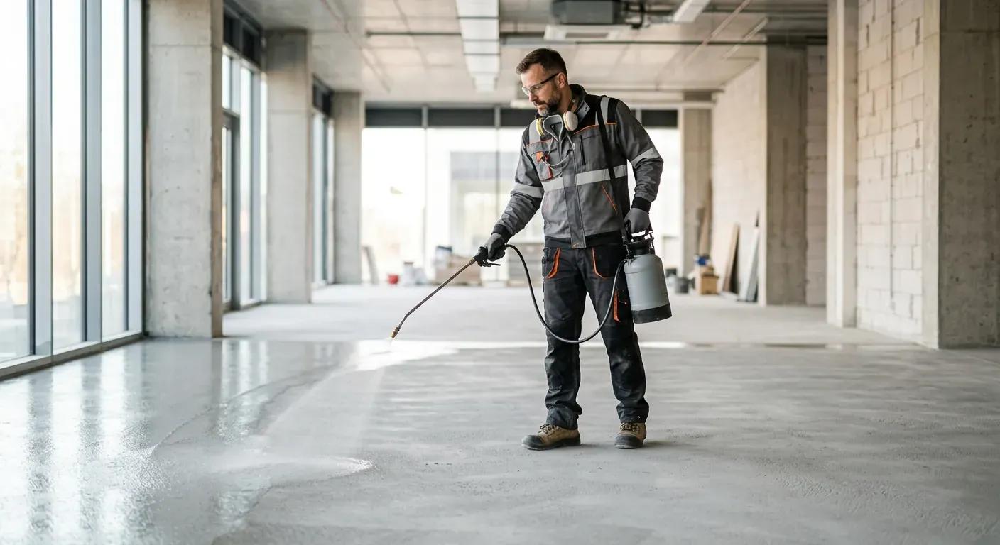 En profesjonell murer utstyrt med verneutstyr som sprayer en klar, flytende silikatbehandling jevnt utover et nylig slipt betonggulv