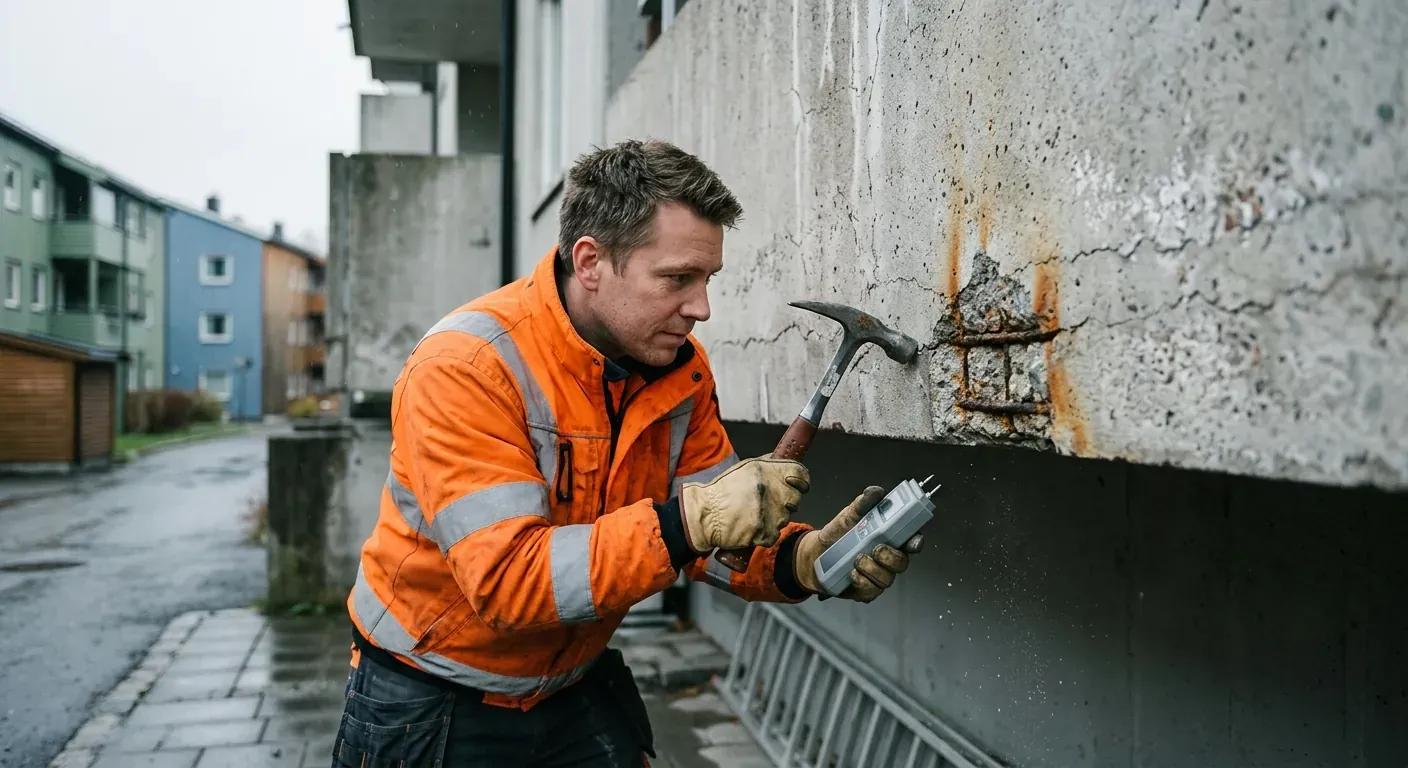 En ingeniør i verneutstyr som utfører en teknisk undersøkelse av betongen på undersiden av en eldre balkong med spesialverktøy.