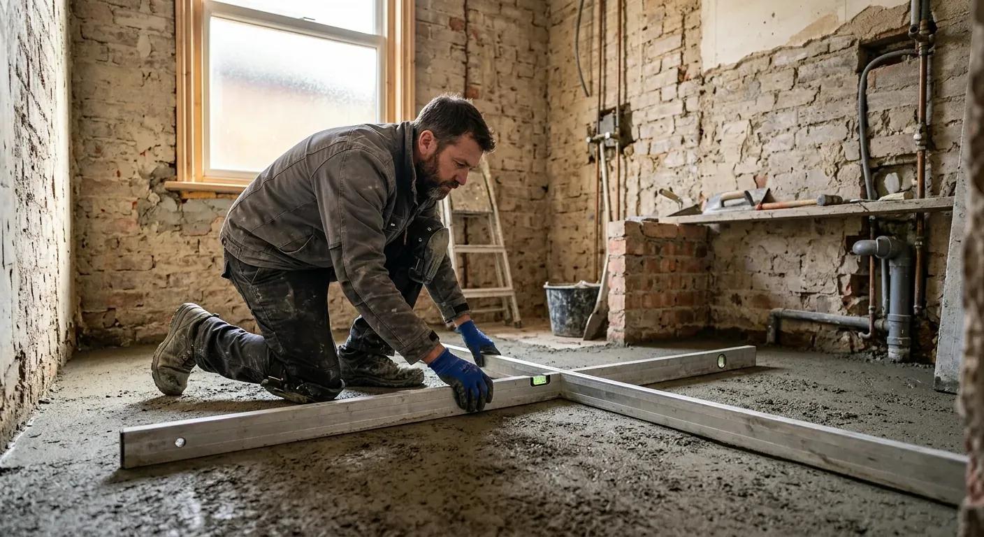 A craftsman carefully leveling a concrete bathroom floor using a spirit level