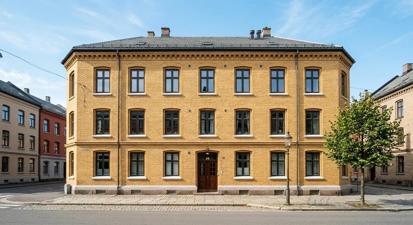 A beautifully restored yellow brick apartment building in Oslo, showcasing clean joints and professional masonry work under a clear sky.