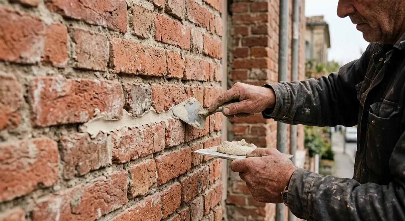 A close-up shot of a historic brick wall being carefully repaired with natural lime mortar by an experienced craftsman.