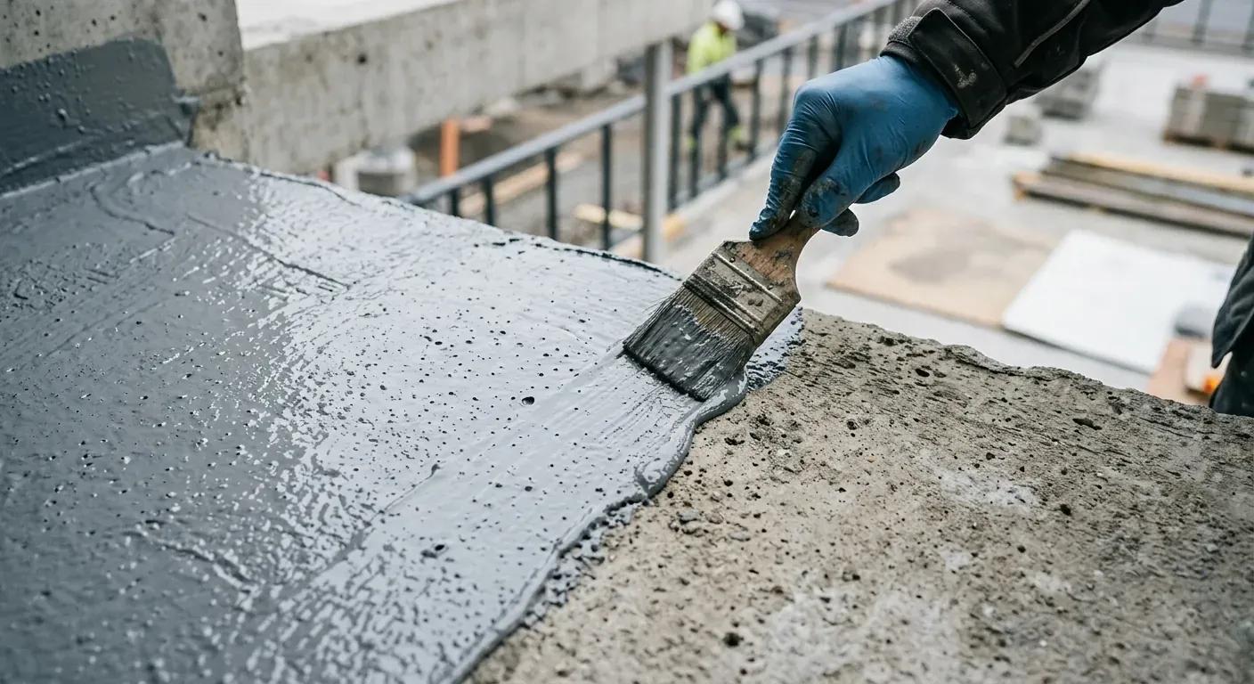 En fagarbeider som påfører et grått, elastisk lag med flytende membran på et rent betonggulv med rull