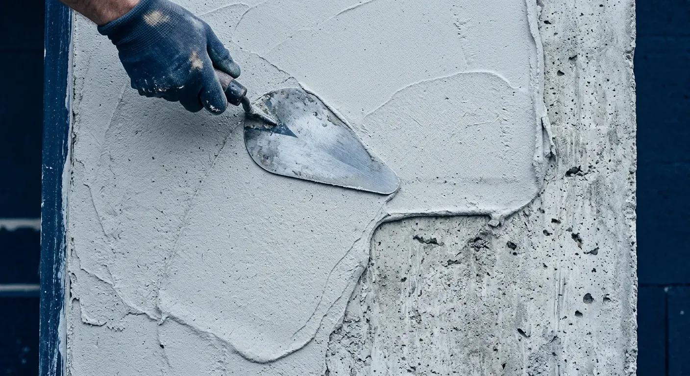 En profesjonell murer som påfører et jevnt lag med lys fiberpuss på en stor betongvegg ved hjelp av et pussbrett
