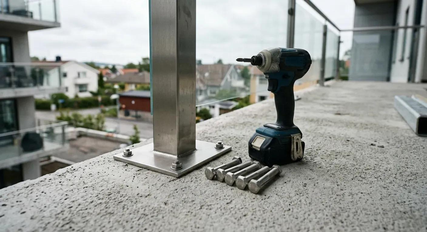 En erfaren tømrer som inspiserer innfestingen og monteringen av et nytt balkongrekkverk i stål