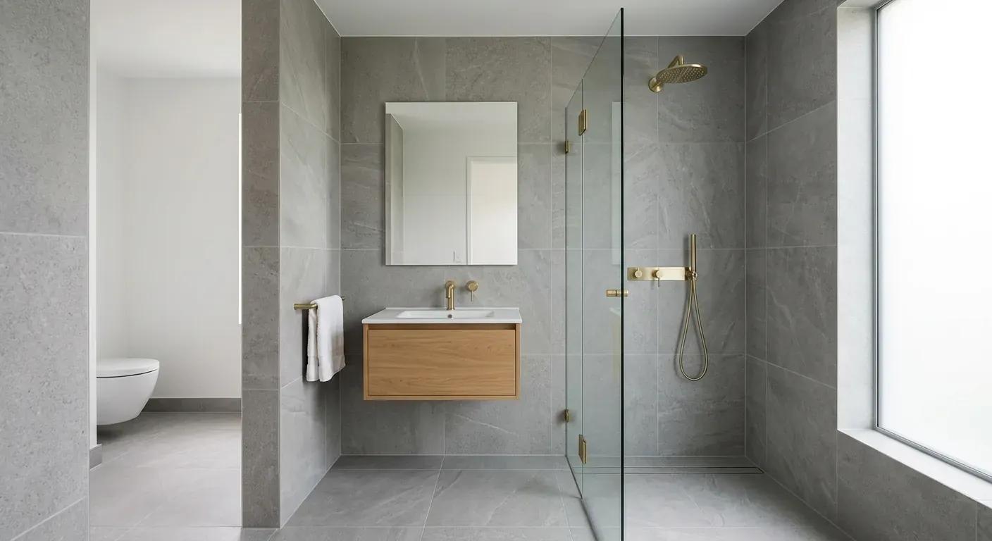 A clean, newly tiled modern bathroom with large grey porcelain tiles and minimalist brass fixtures