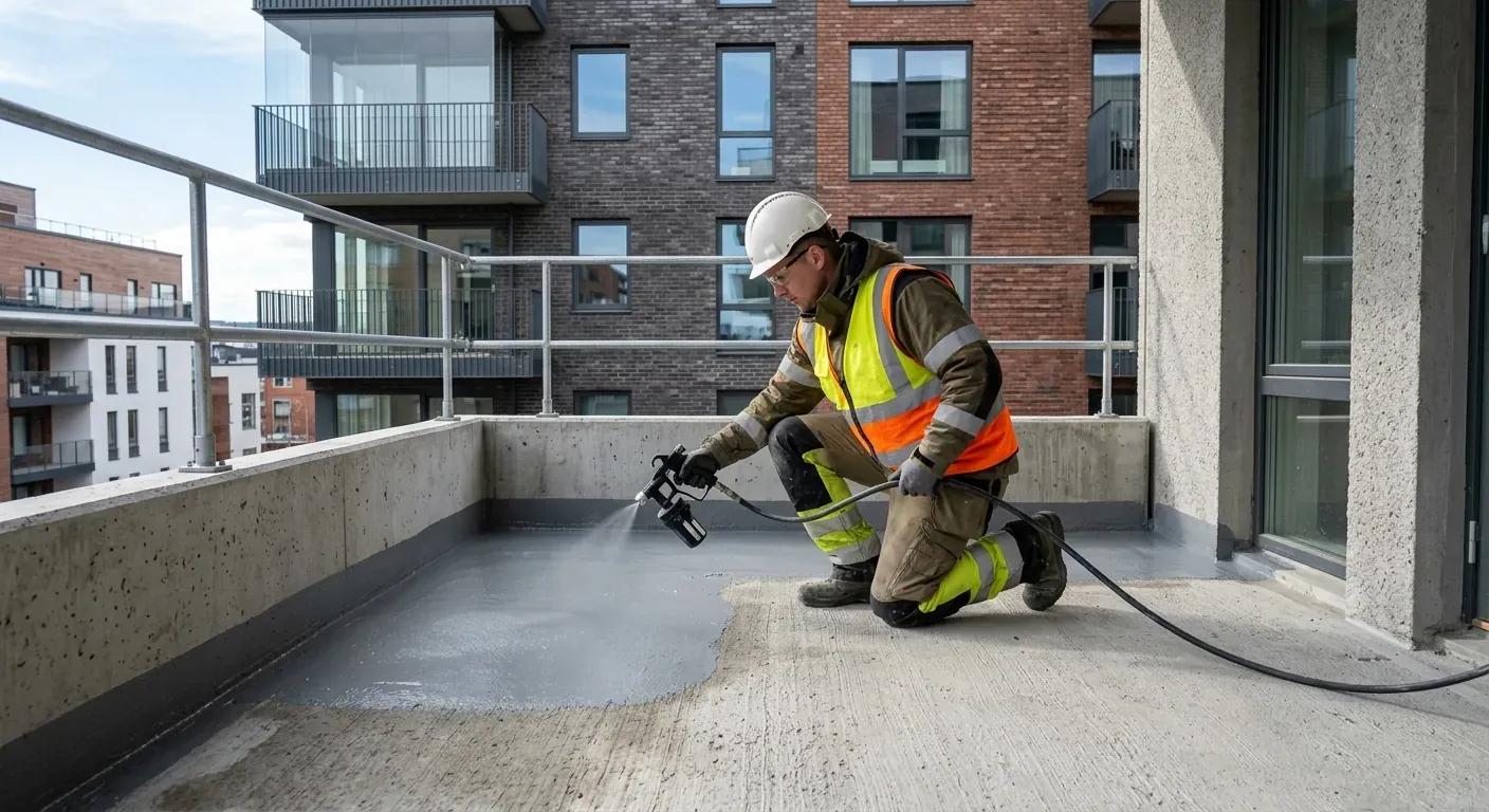 En murer i verneutstyr som bruker en profesjonell sprøytepistol til å påføre et elastisk polyuretan-slitesjikt på et nystøpt balkongdekke