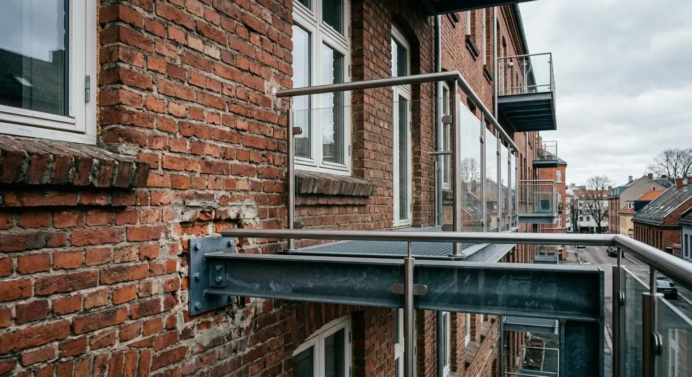 En nylig ferdigstilt rekke med moderne balkonger i stål og glass, vakkert integrert på fasaden av en eldre bygård.