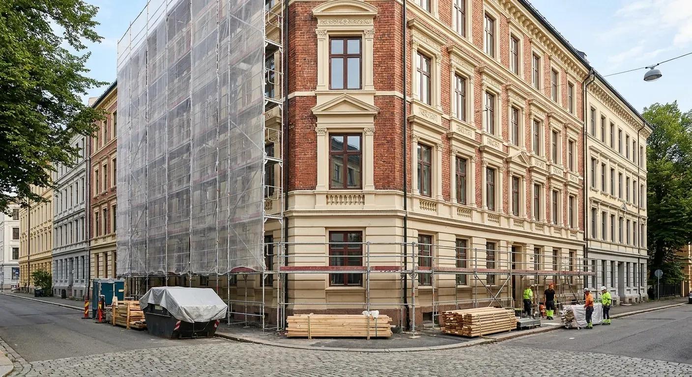 A clean construction site with scaffolding around a classic Oslo apartment building during renovation