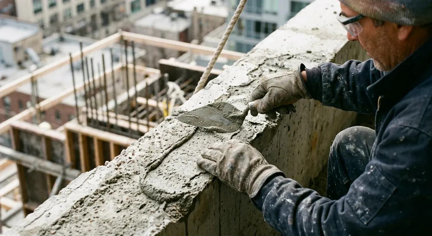 A skilled construction worker wearing safety glasses and heavy gloves carefully troweling cement mortar onto the prepared edge of a concrete balcony