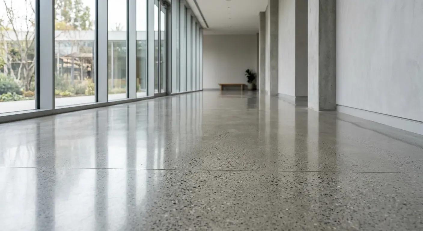 Nærbilde av slipt betonggulv med synlig tilslag av fin grus og en speilblank, polert overflate som reflekterer dagslys
