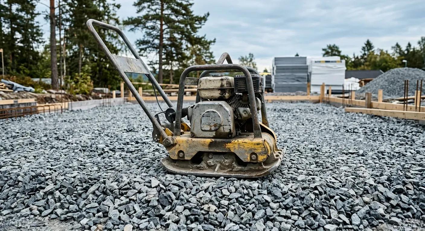 En gulvvibrator som komprimerer et jevnt lag med pukk under åpen himmel, klargjort for isolasjonsplater