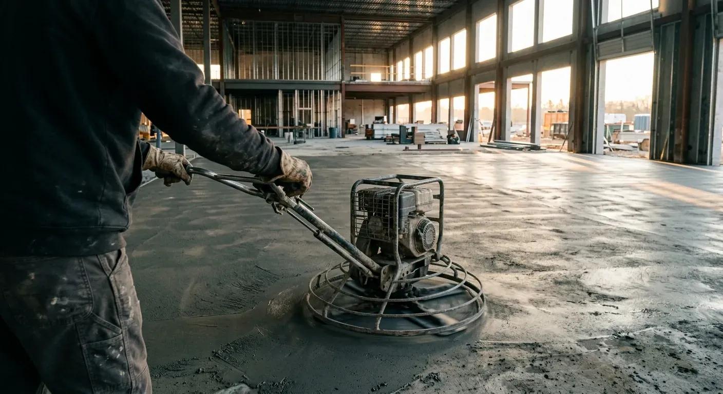 En betongarbeider i verneutstyr som fører en mekanisk glattemaskin (helikopter) over et halvtørt betonggulv for å skape en slitesterk overflate