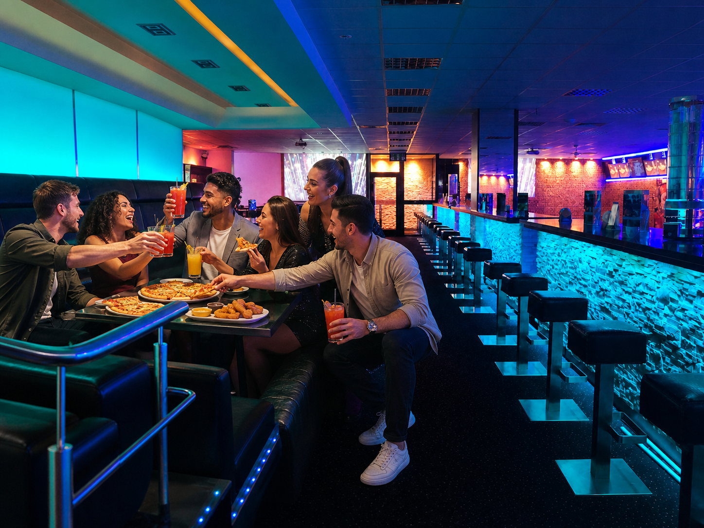 A group shares pizza, snacks and drinks in a blue-lit seating area.
