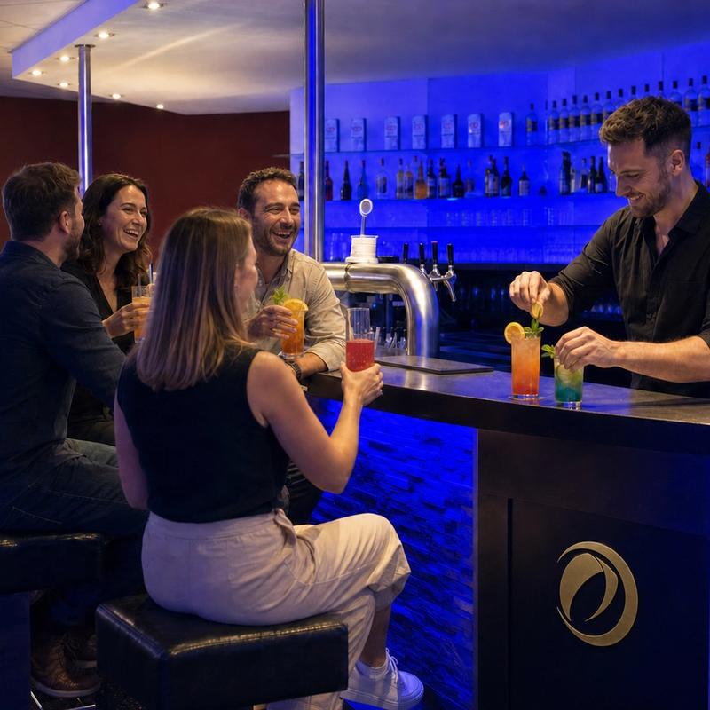 A bartender garnishes drinks for four guests at a blue-lit bar.