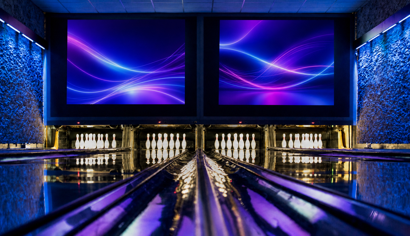 Four bowling lanes in the blue-and-violet-lit VIP area.