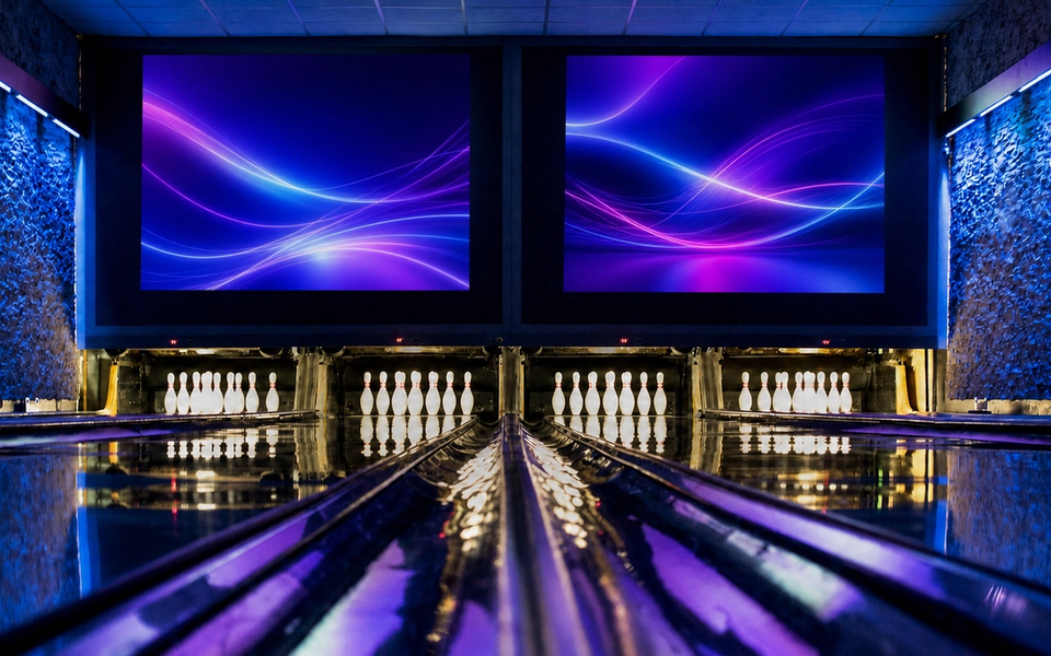Four bowling lanes in the blue-and-violet-lit VIP area.