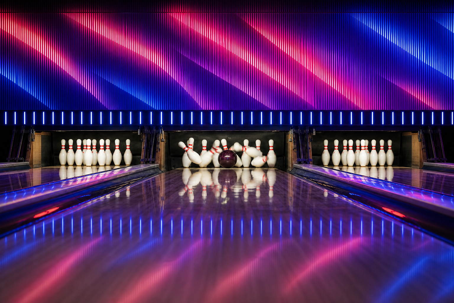 A bowling ball hits the pins in front of a red-and-blue LED wall.