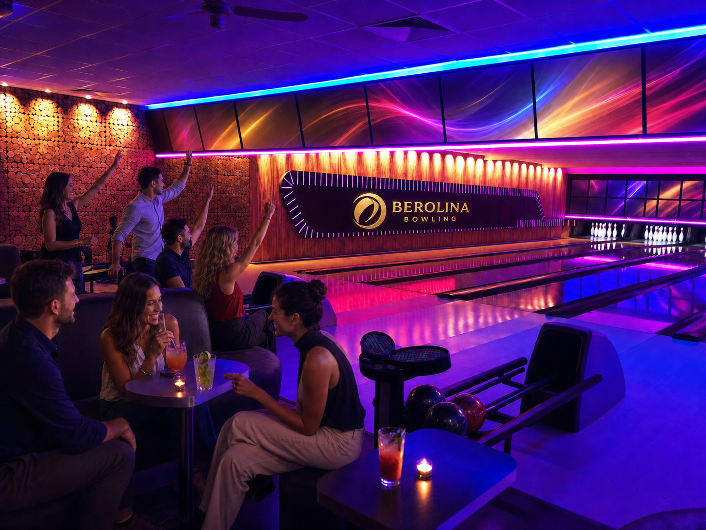 Adults bowl and socialise beside colourfully lit lanes.
