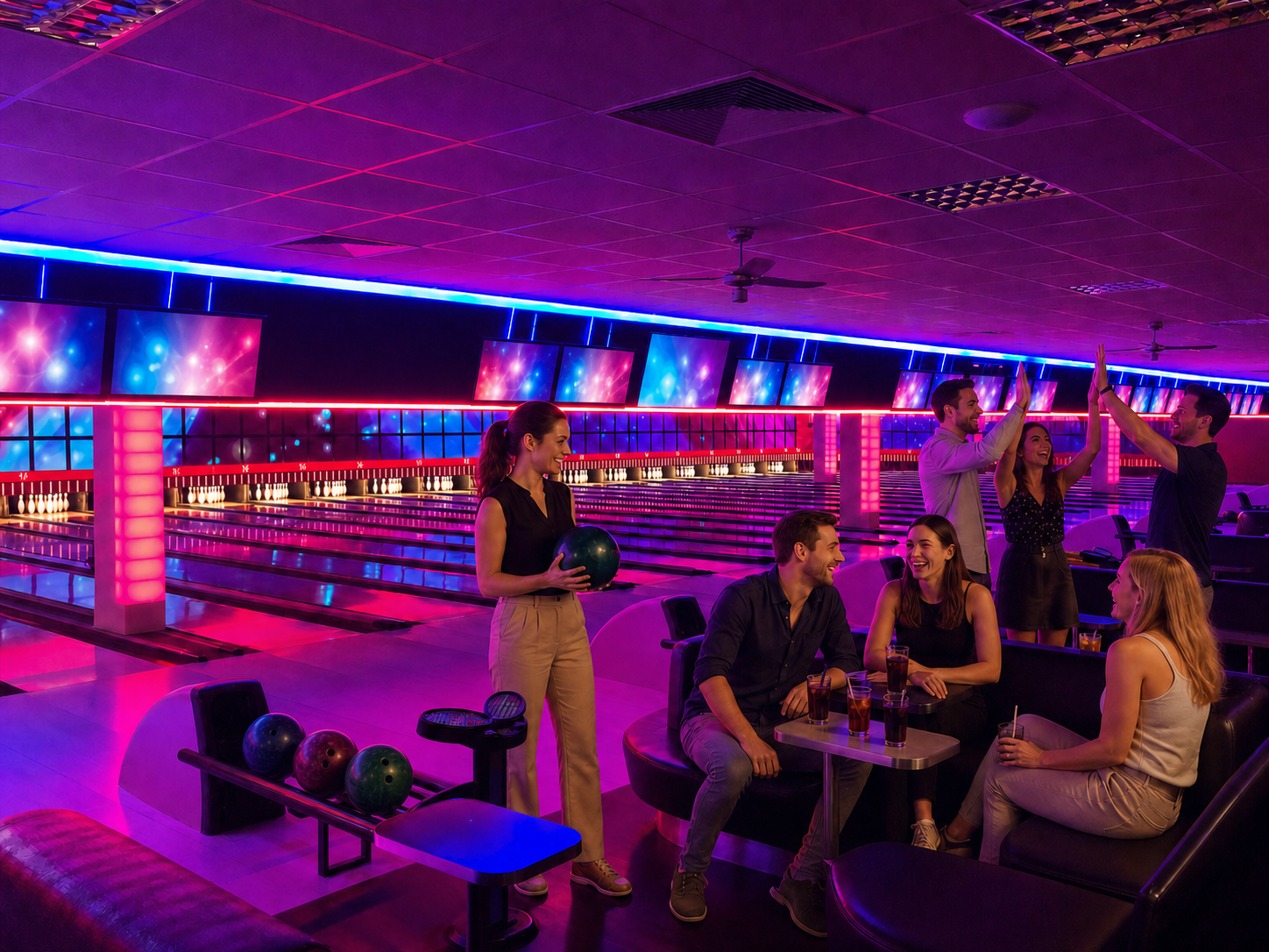 Wide view of a bowling hall with guests playing and seated.