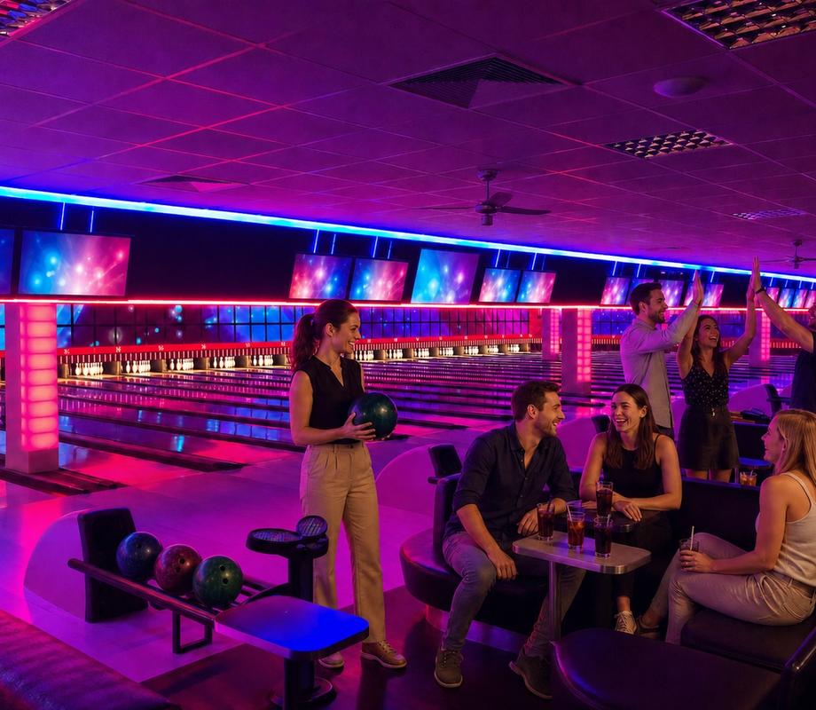 Wide view of a bowling hall with guests playing and seated.