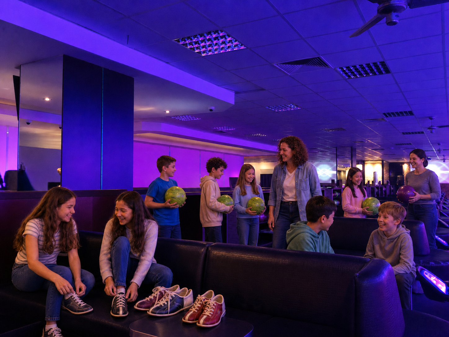 A school group with supervising adults gets ready to bowl in the seating area.