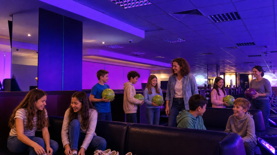 A school group with supervising adults gets ready to bowl in the seating area.