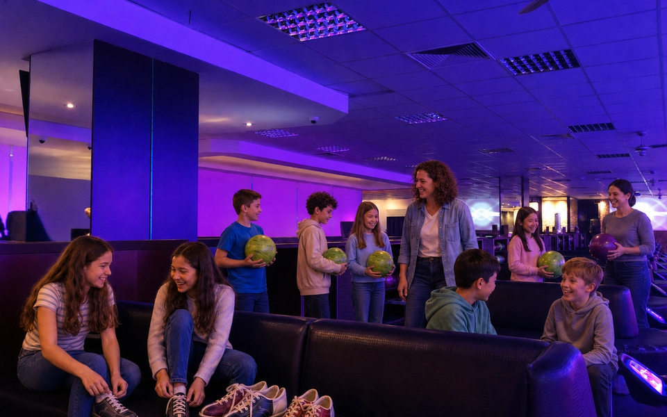 A school group with supervising adults gets ready to bowl in the seating area.