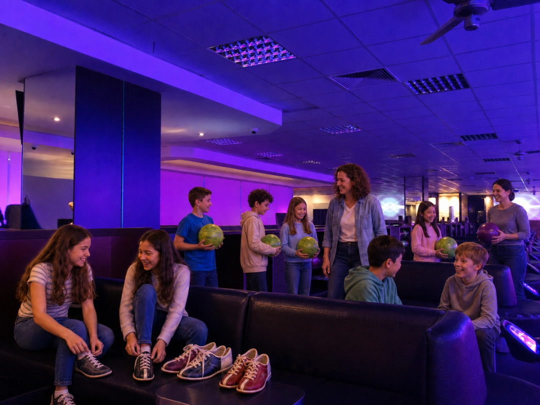 Eine Schulgruppe mit Betreuungspersonen bereitet sich im Sitzbereich aufs Bowling vor.