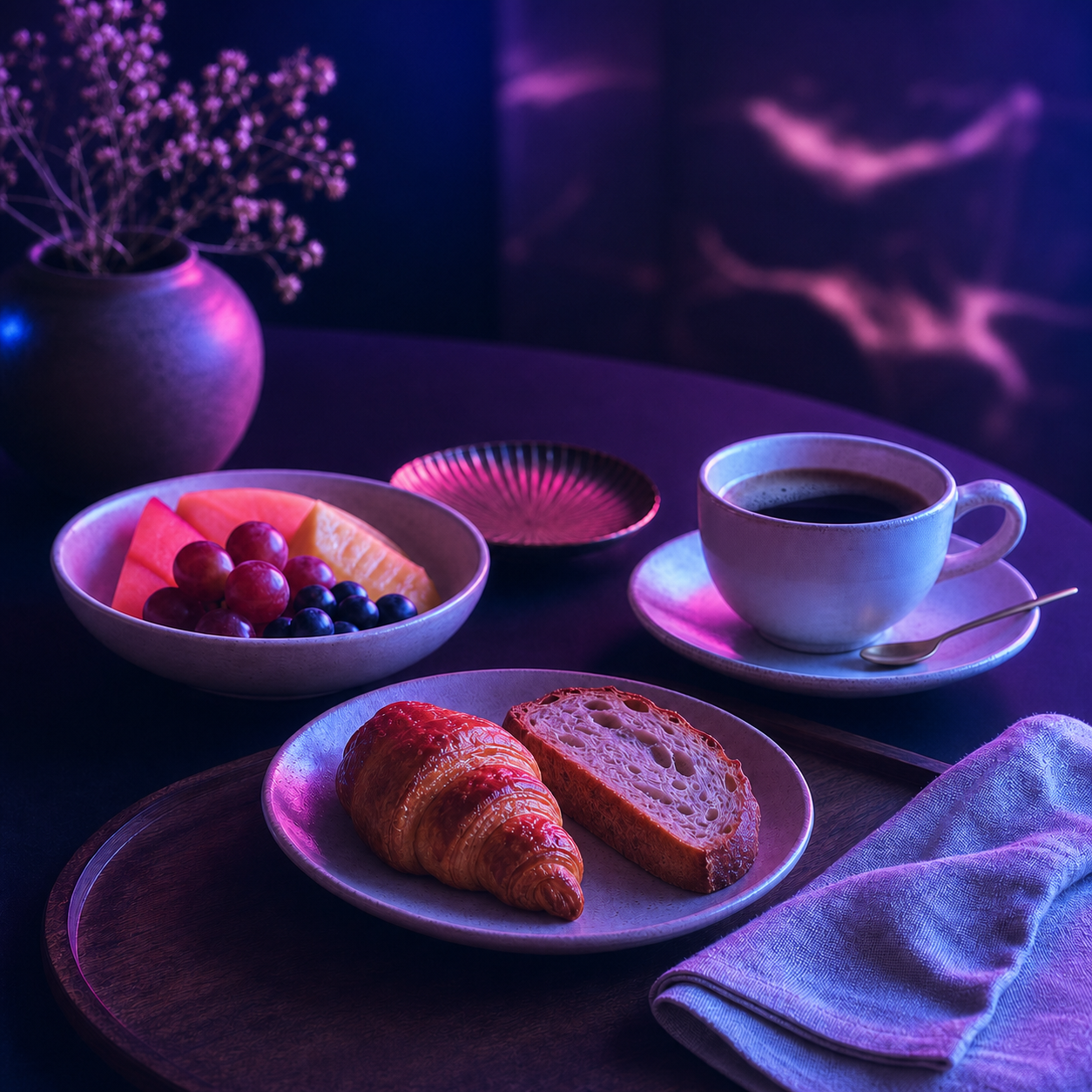Breakfast table with coffee, pastries and fruit
