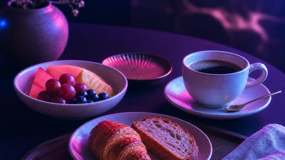 Breakfast table with coffee, pastries and fruit