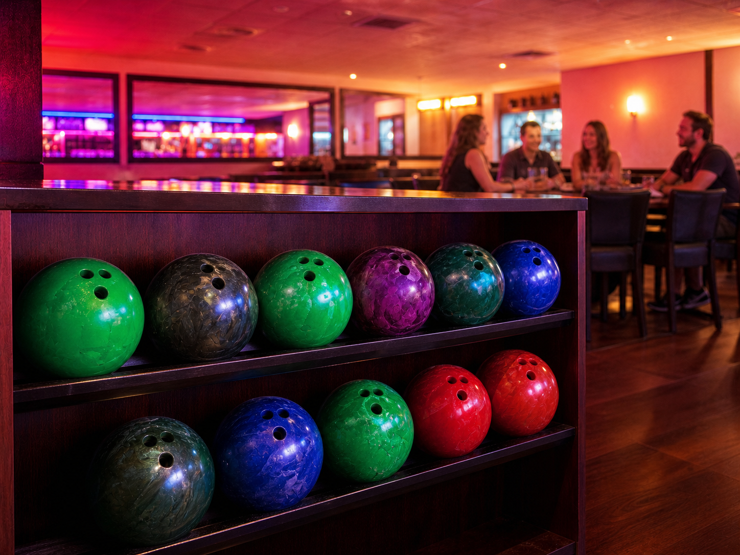 Colourful bowling balls on a rack with seated guests in the background.