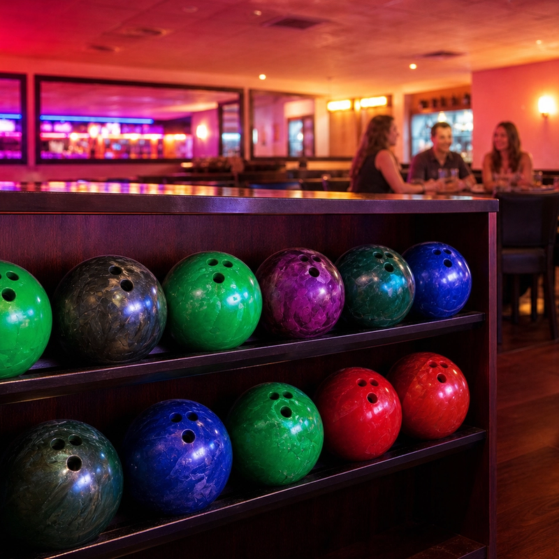 Colourful bowling balls on a rack with seated guests in the background.