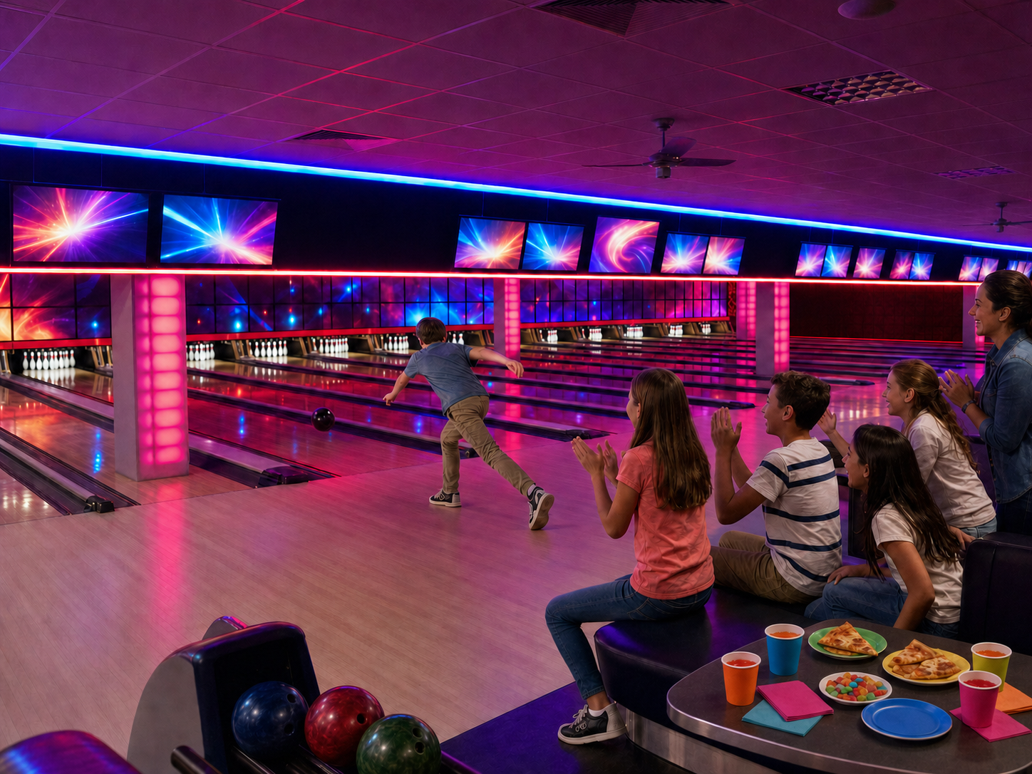 Children cheer on a child bowling beside a set party table.