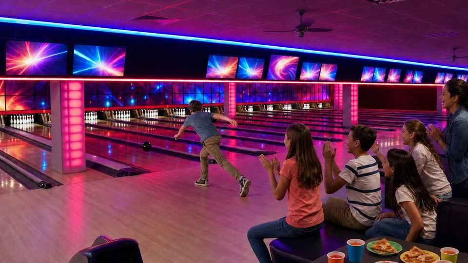 Children cheer on a child bowling beside a set party table.