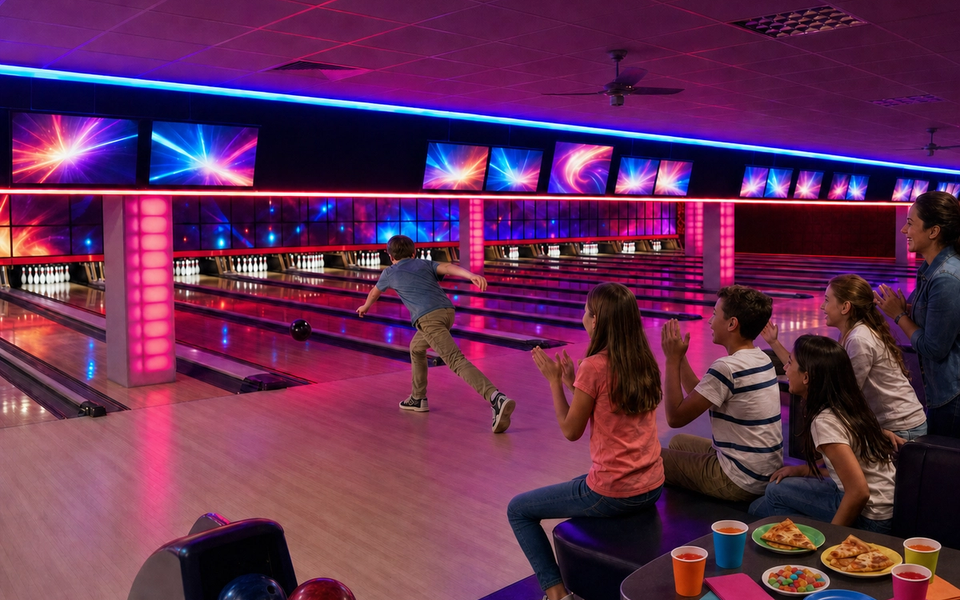 Children cheer on a child bowling beside a set party table.
