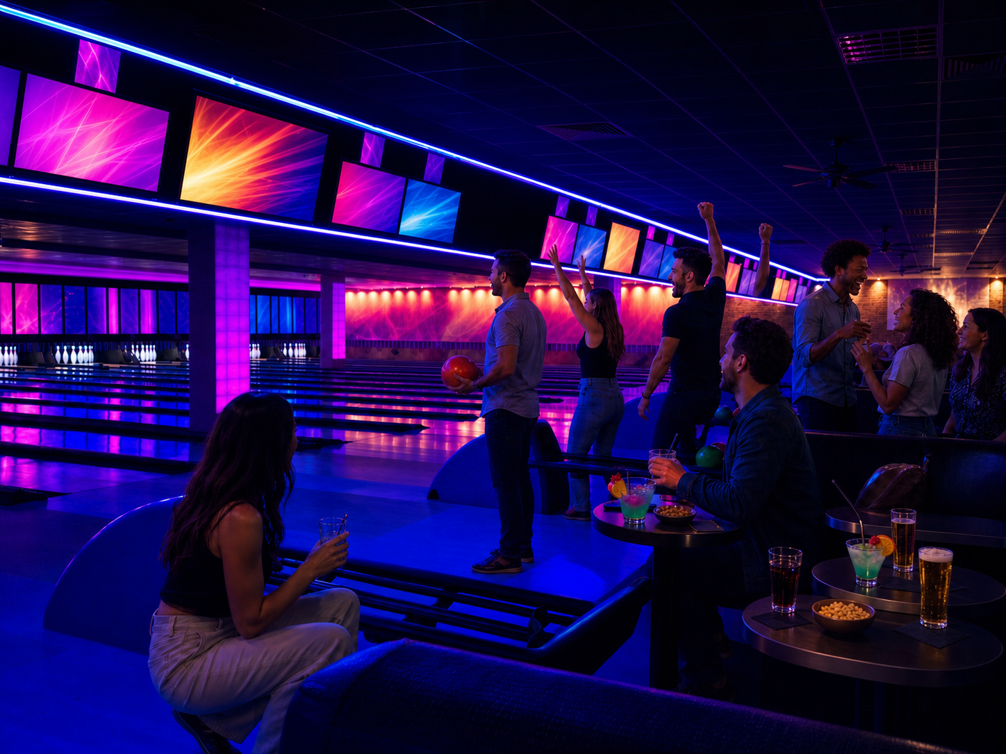 Adults bowl and celebrate under blue-and-violet club lighting.