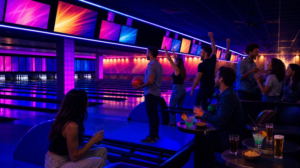 Adults bowl and celebrate under blue-and-violet club lighting.