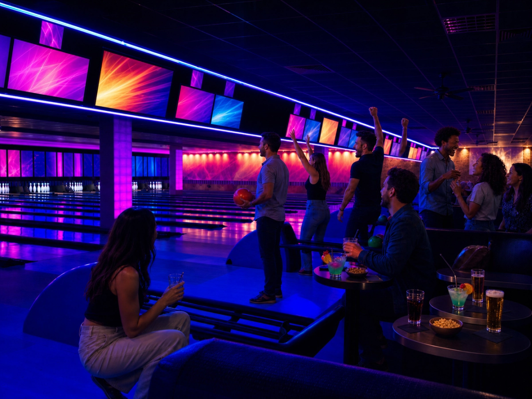 Erwachsene bowlen und feiern bei blau-violetter Clubbeleuchtung.
