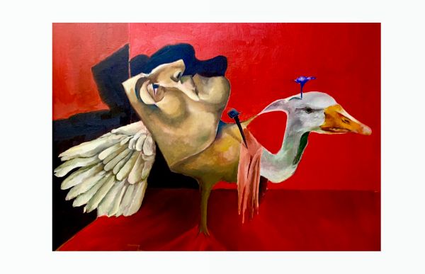 “Gęś w czerwonym pokoju” 50x70cm oil on desk