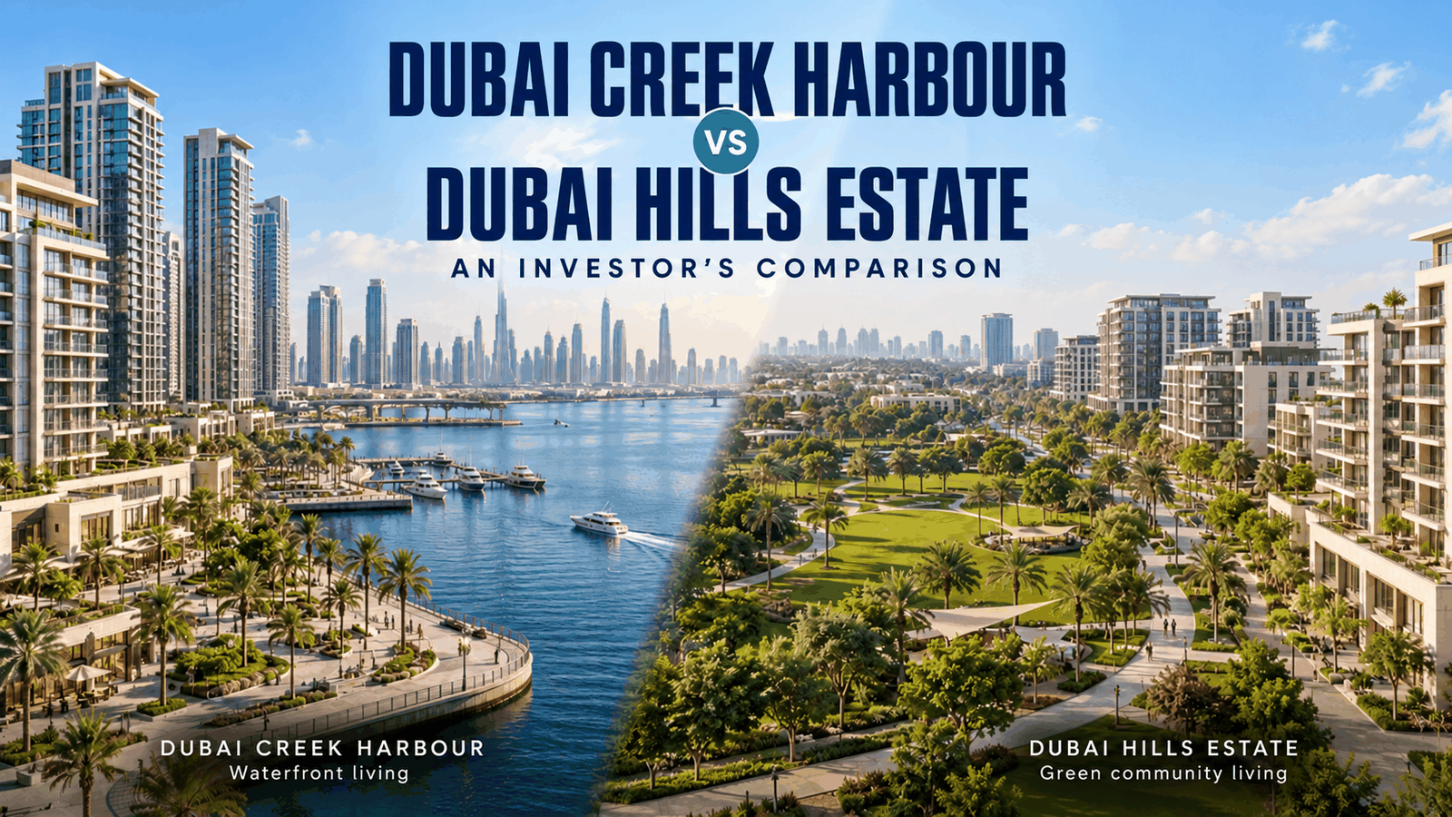 Dubai Creek Harbour waterfront promenade overlooking the Downtown Dubai skyline at sunset