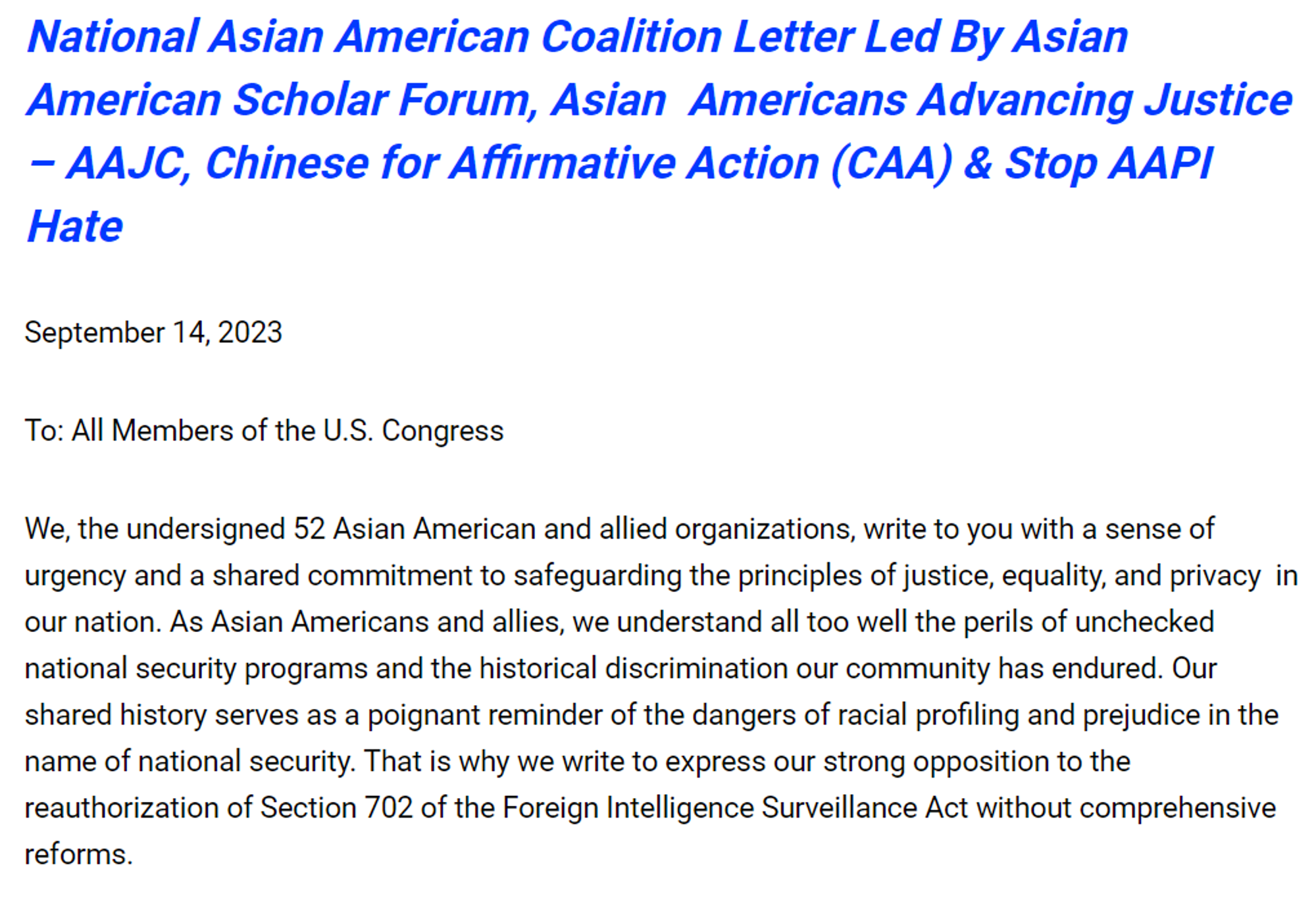 Image for 50+ Asian American and allied organizations call on Congress to reform section 702