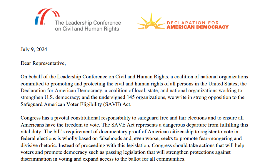 Image for 140+ Organizations write in strong opposition to the Safeguard American Voter Eligibility (SAVE) Act