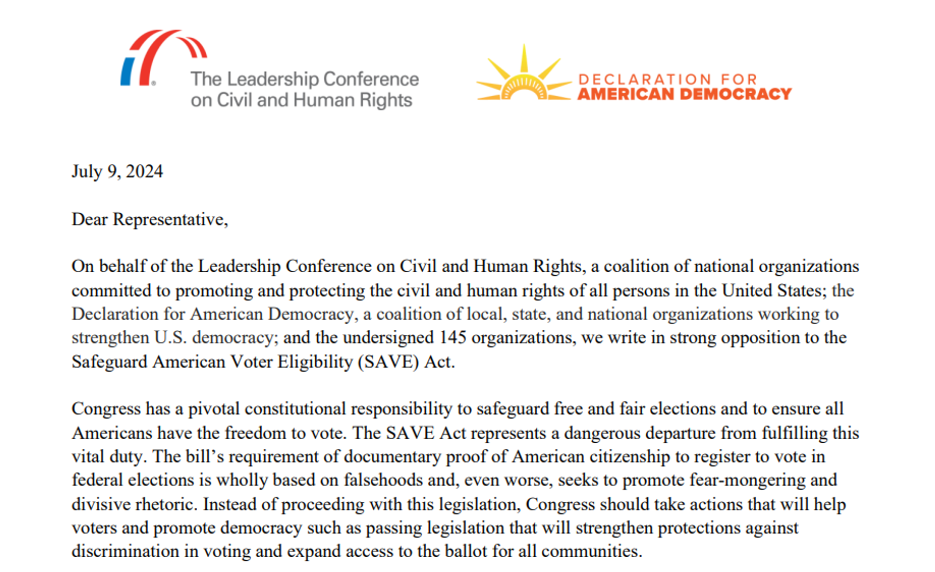 Image for 140+ Organizations write in strong opposition to the Safeguard American Voter Eligibility (SAVE) Act